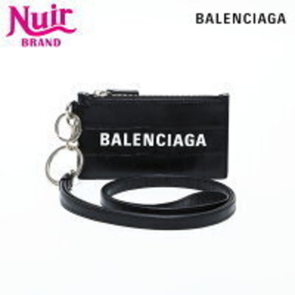 Balenciaga Leather Crocodile Logo Cash Key Ring Card Case Wallet Black